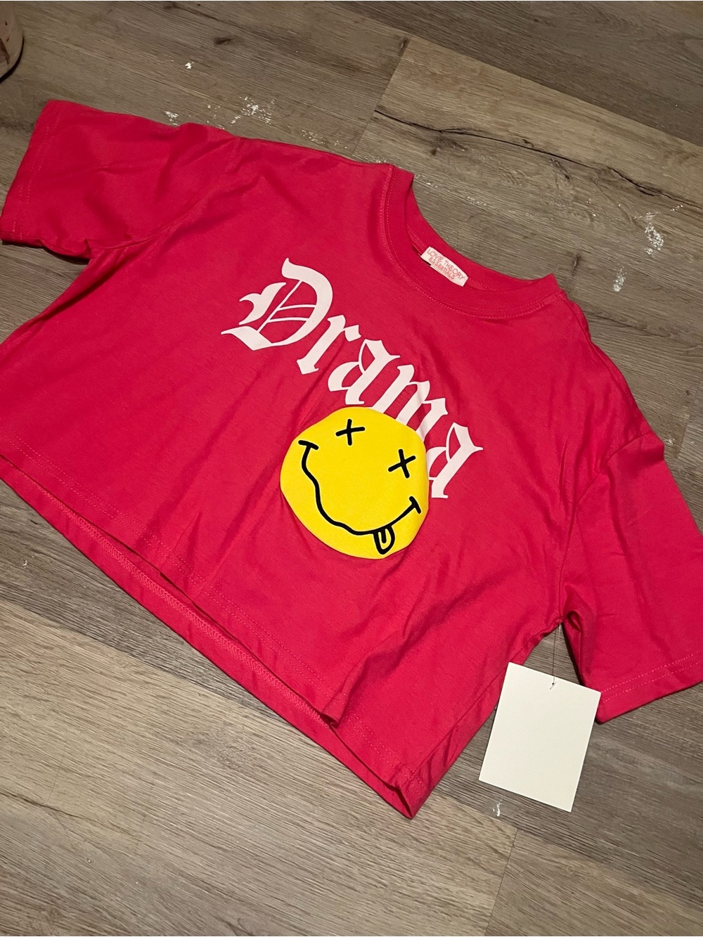 Pink Graphic Crop Top with Yellow Smiley emoji